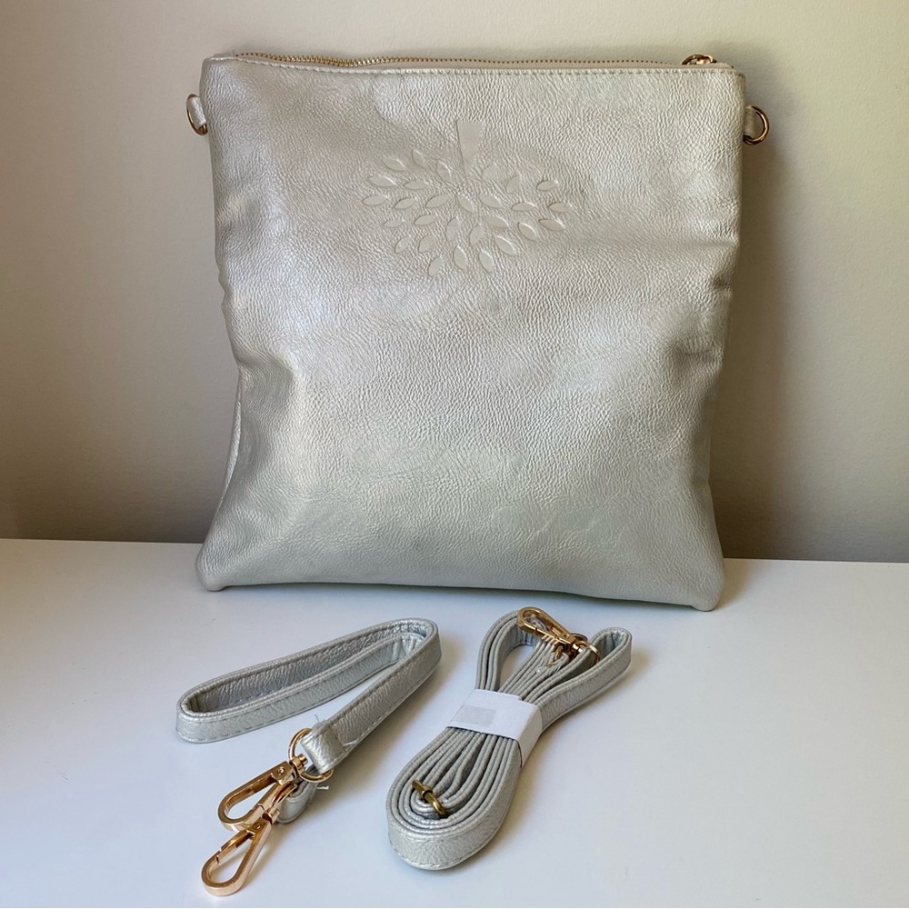Mulberry Leather Gray Metalic Silver Foldable Clutch Bag with Shoulder 2 Straps - Picture 1 of 13